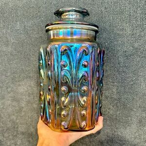 Vintage L.E. Smith Imperial Atterbury Scroll Iridescent Carnival Glass Canister